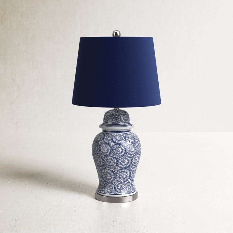 Mannie Blue Ivy Swirl Table Lamp with Navy Fabric Shade