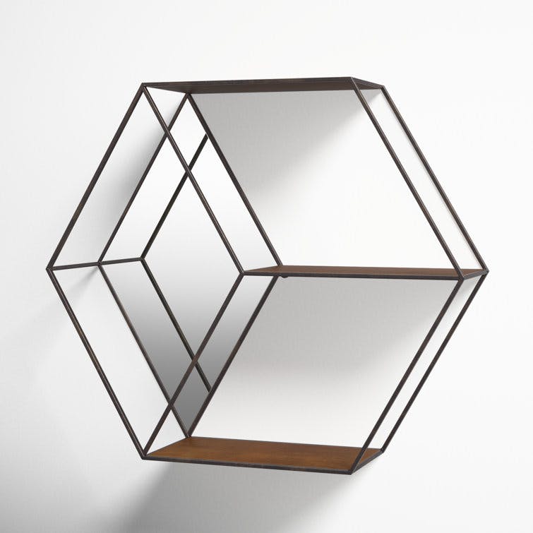 Janna 26"x7"x23" Hexagon Brown Accent Shelf with Mirror