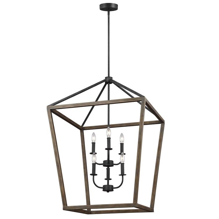 Weathered Oak and Antique Forged Iron Brass Cage 6-Light Chandelier