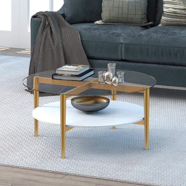 Oakley Brass Metal Round Coffee Table with White Shelf