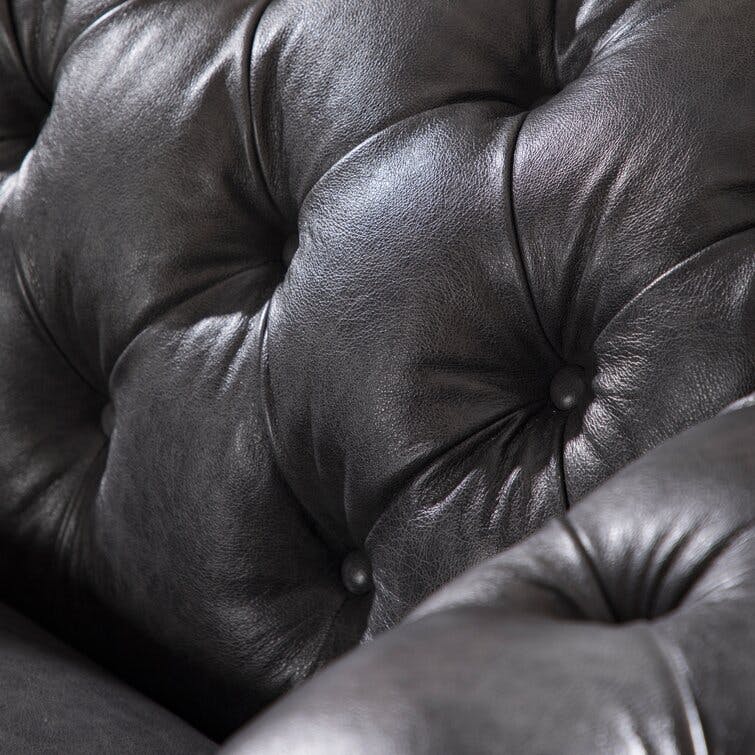 Espresso Finish 95" Grey Genuine Leather Chesterfield Sofa