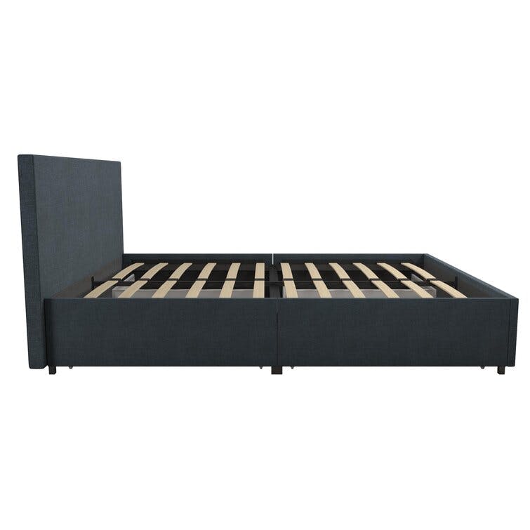Kelly Queen Dark Blue Linen Upholstered Bed with Storage