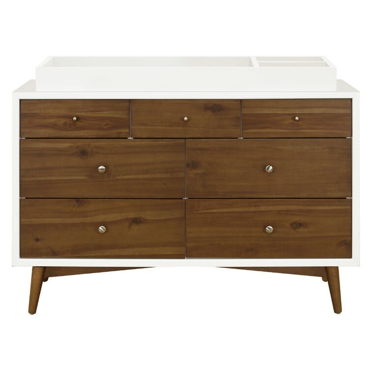 Palma Mid Century 7-Drawer White and Natural Walnut Double Dresser