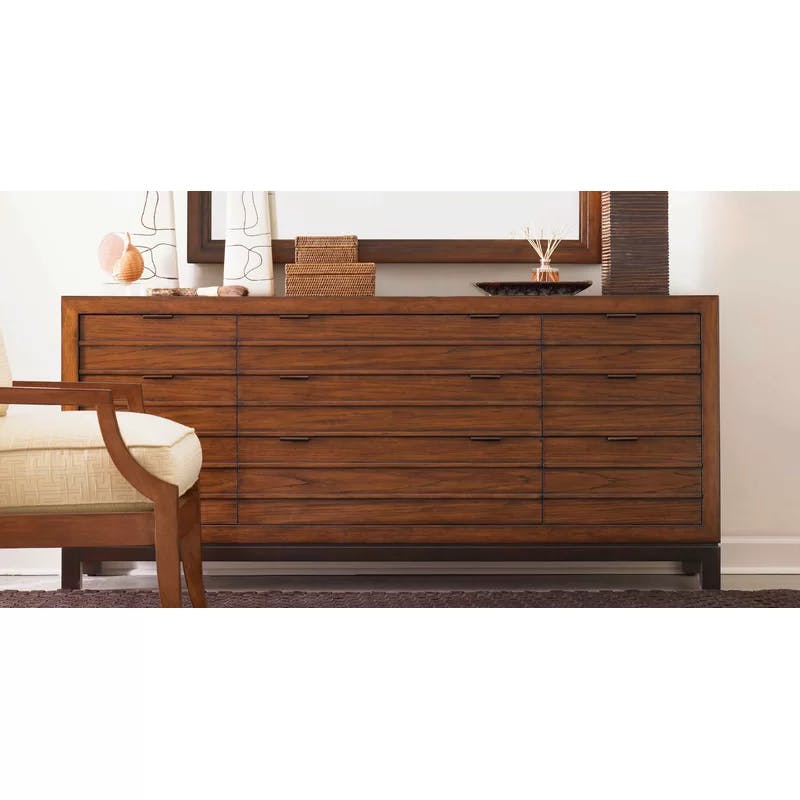 Sienna Sun-Drenched Transitional 74" Hickory Wood Dresser with Walnut Base