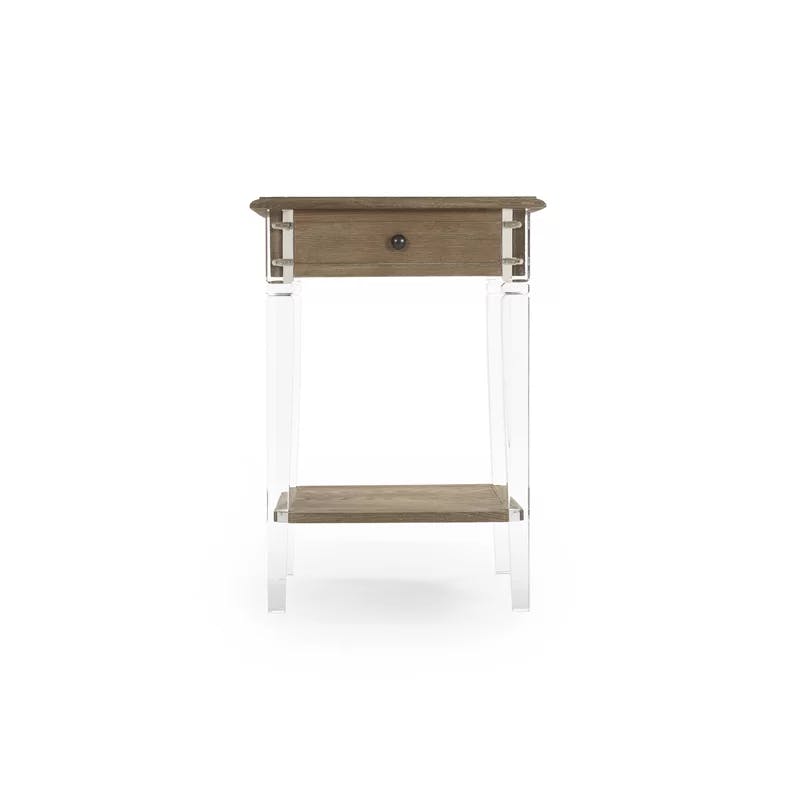 Limed Gray Oak Acrylic End Table with Drawer and Shelf