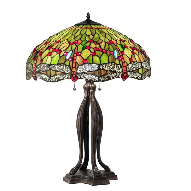 Mahogany Bronze 3-Light Table Lamp with Ruby Coral Green Stained Glass