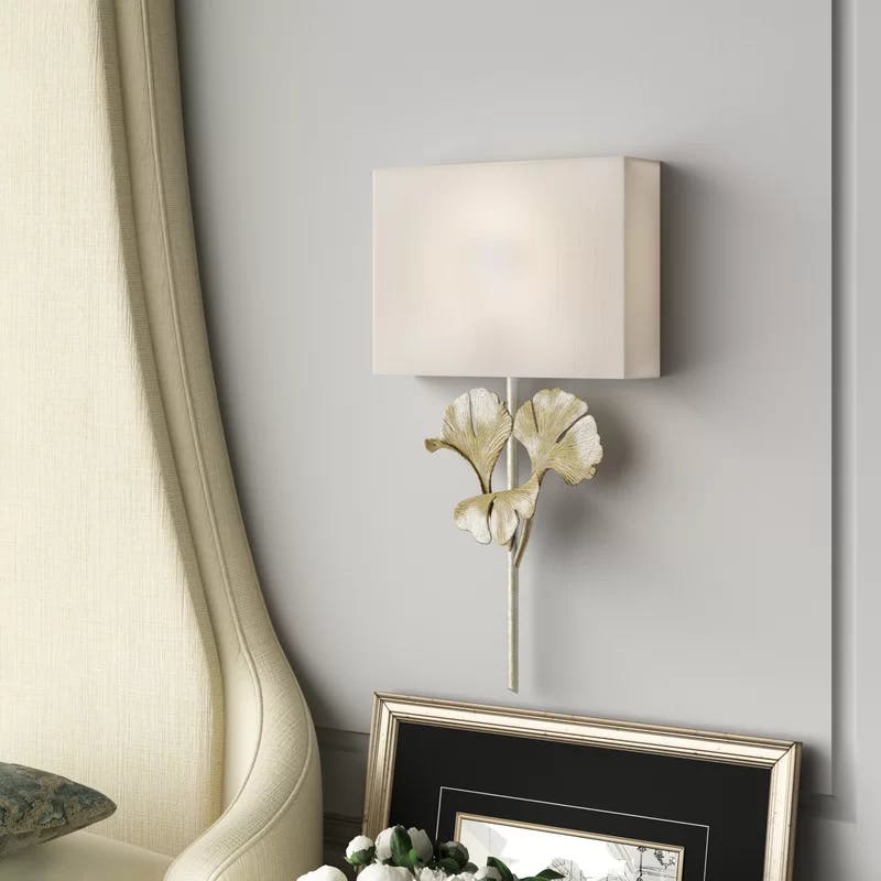 Gingko Distressed Silver Leaf 1-Light Wall Sconce with Off-White Shade