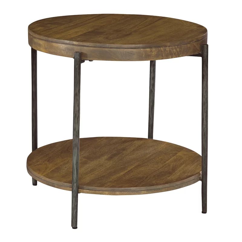Transitional Brown Wood and Metal Round Side Table with Storage