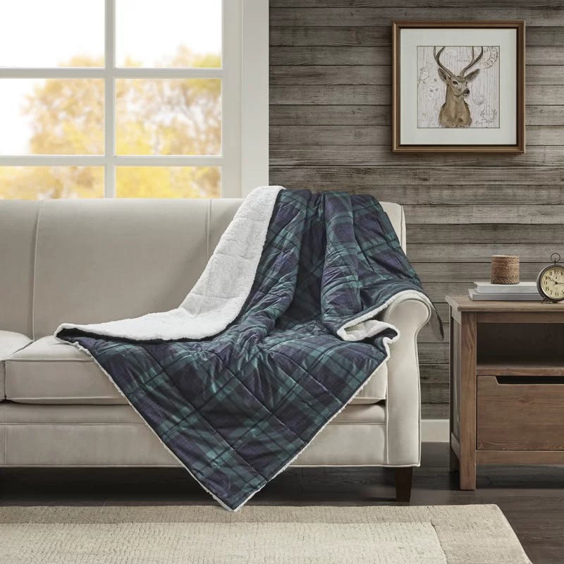 Cozy Cottage Blue Plaid & Sherpa Reversible Throw, 50"x70"