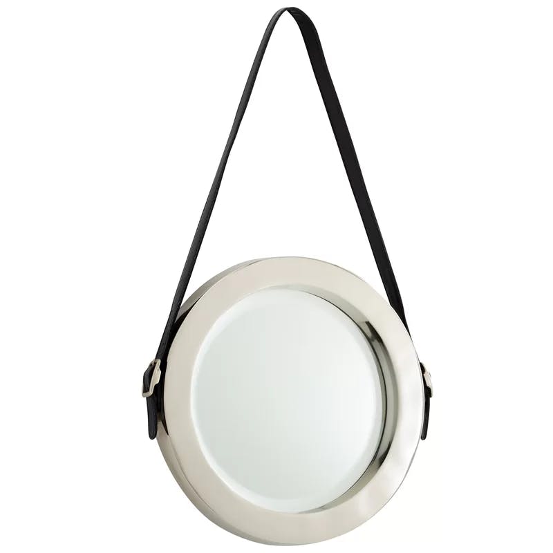 Contemporary Silver Leather-Strap Round Wall Mirror
