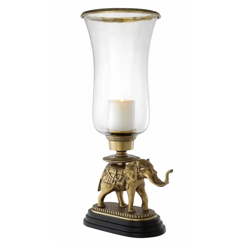 Elephant Elegance 25'' Brass and Glass Tabletop Hurricane
