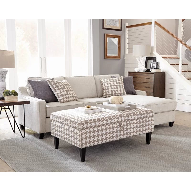 Transitional Beige Upholstered Storage Ottoman with Dark Wood Legs