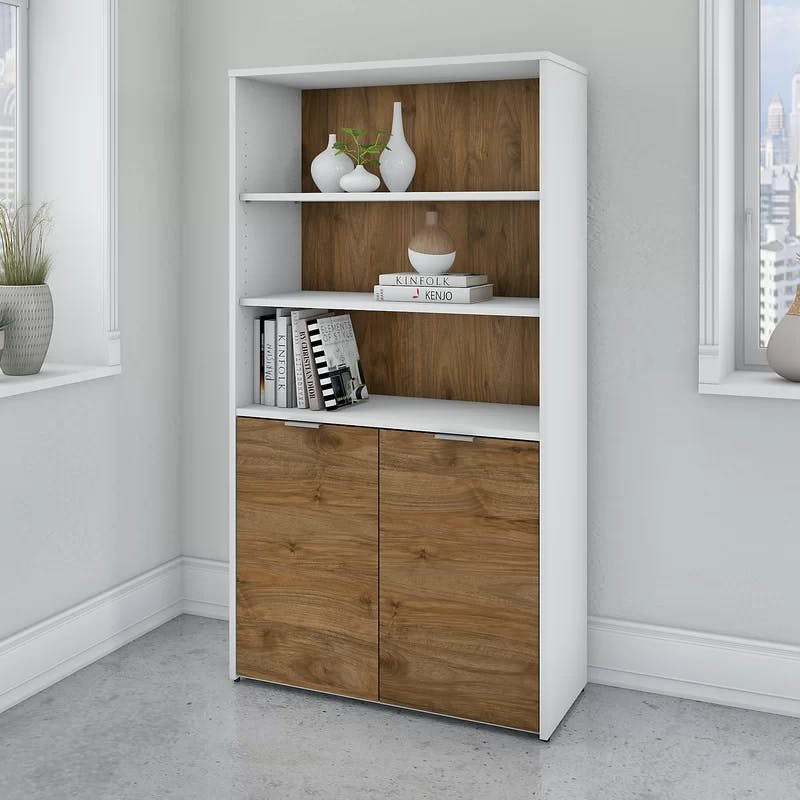 Adjustable Fresh Walnut & White Wood Composite Bookcase with Doors