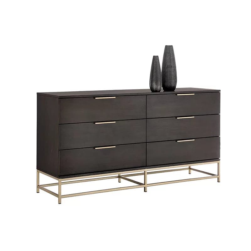 Transitional Charcoal Gray and Gold Dresser with 6 Soft Close Drawers