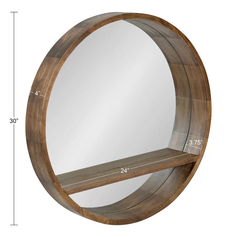 Hutton 30" Rustic Brown Round Wood Vanity Mirror with Shelf