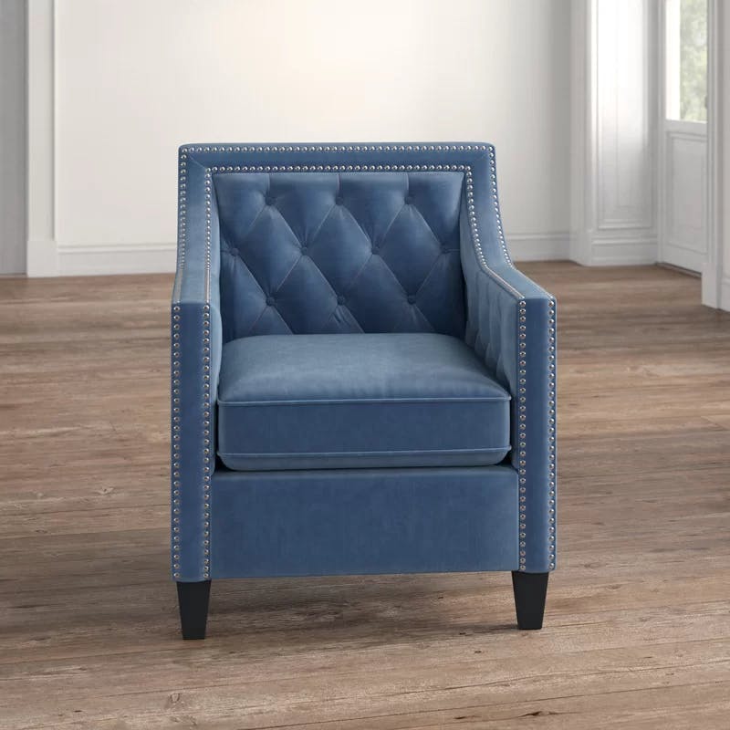Marine Blue Velvet Square-Arm Accent Chair with Silver Nailhead Trim