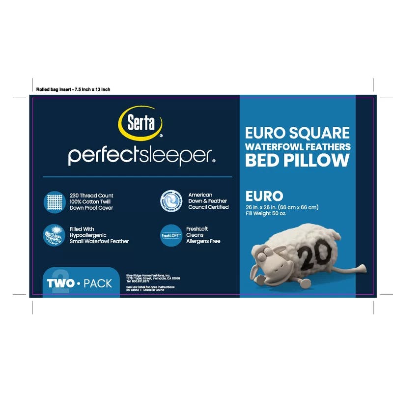 Serta Hypoallergenic Feather & Down 26" Euro Square Pillow 2-Pack, Gray