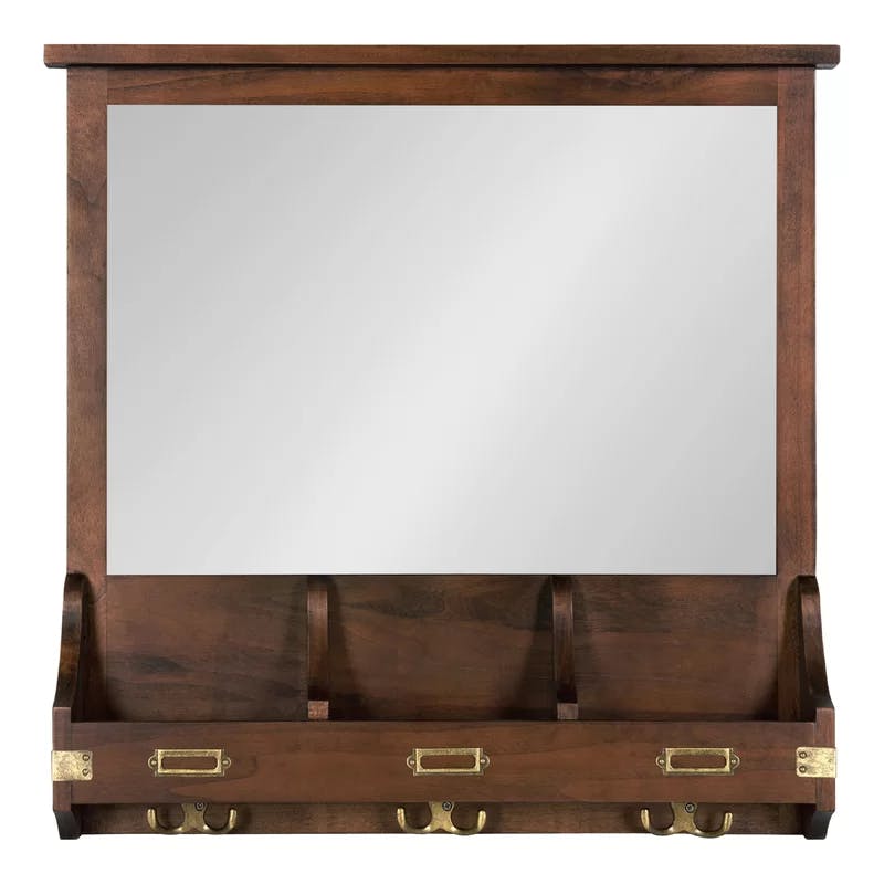 Walnut Brown Solid Wood Square Wall Organizer with Mirror and Hooks