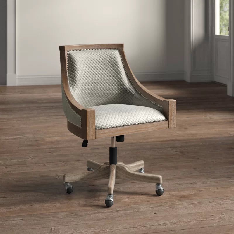 Mimi Quilted Gray Office Chair with Rustic Washed Wood Frame
