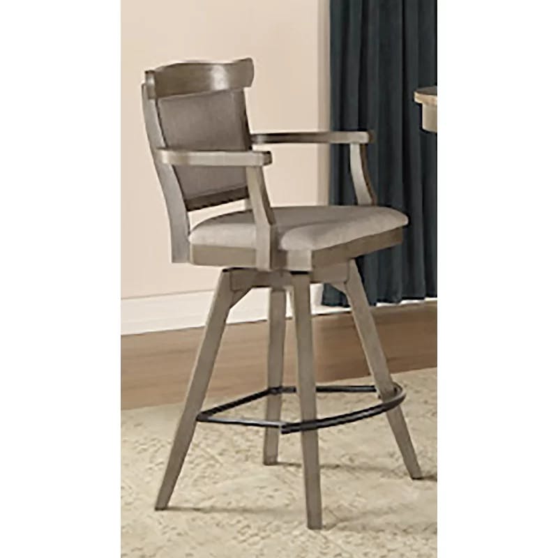 Transitional Distressed Pine Swivel Bar Stool with Upholstered Seat