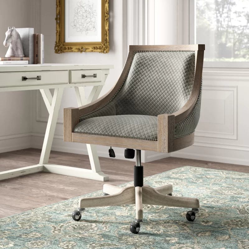 Mimi Quilted Gray Office Chair with Rustic Washed Wood Frame