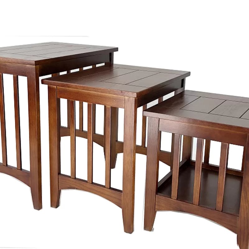 Oakwood Plank-Style 3-Piece Nesting Table Set with Slatted Sides