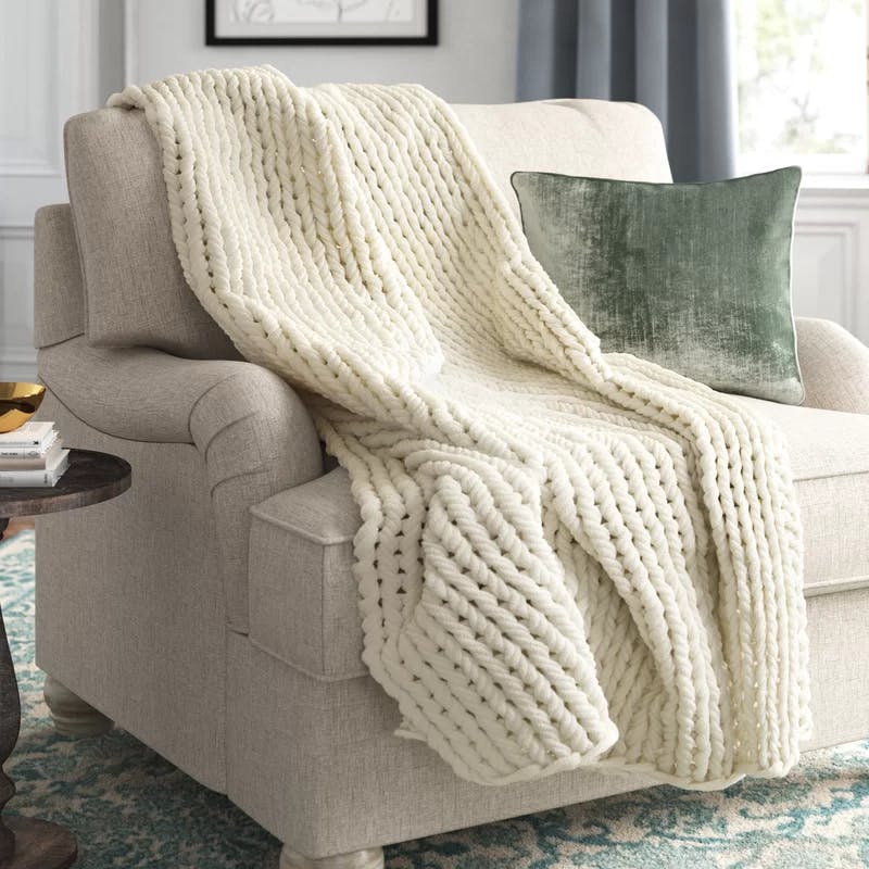Ivory Blush Chunky Cable Knit Handmade Throw, 50"x60"
