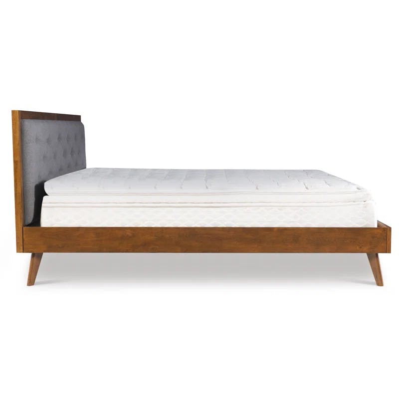Walnut King Platform Bed with Tufted Grey Upholstery