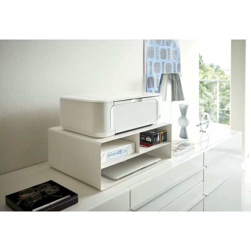 Yamazaki Modern White Steel Desktop Printer Stand with Wheels