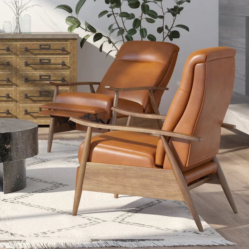 Caramel Mid-Century Modern Faux Leather Recliner with Wooden Arms
