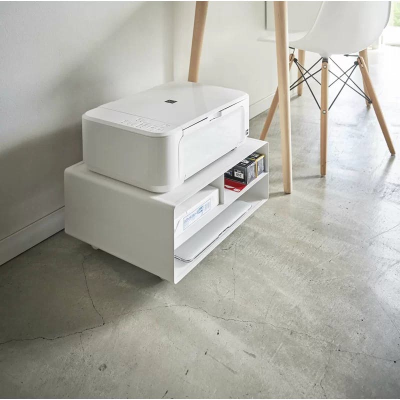 Yamazaki Modern White Steel Desktop Printer Stand with Wheels