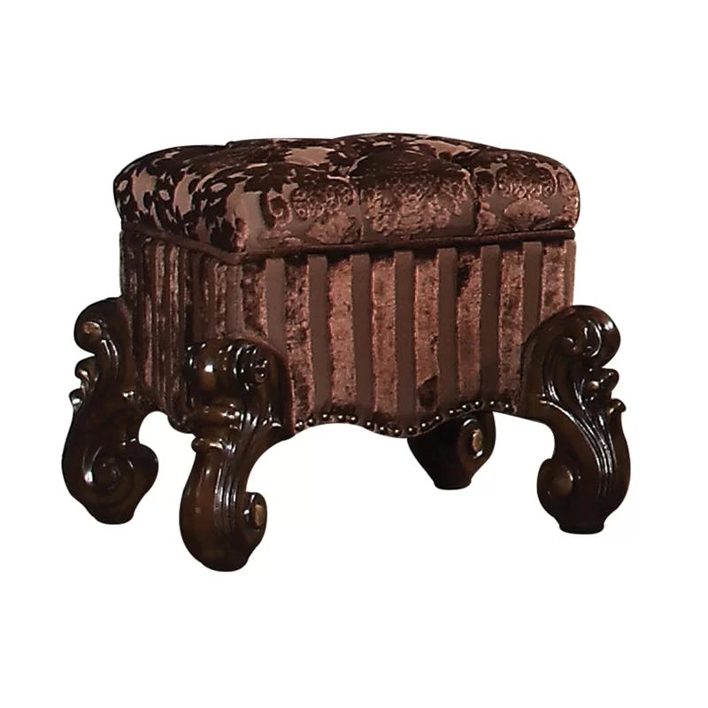 Cherry Oak Brown Tufted Fabric Vanity Stool with Scrolled Legs