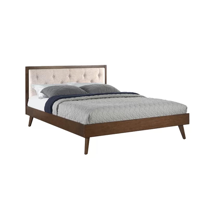 Reid Mid-Century Oatmeal Tufted Queen Platform Bed with Slats