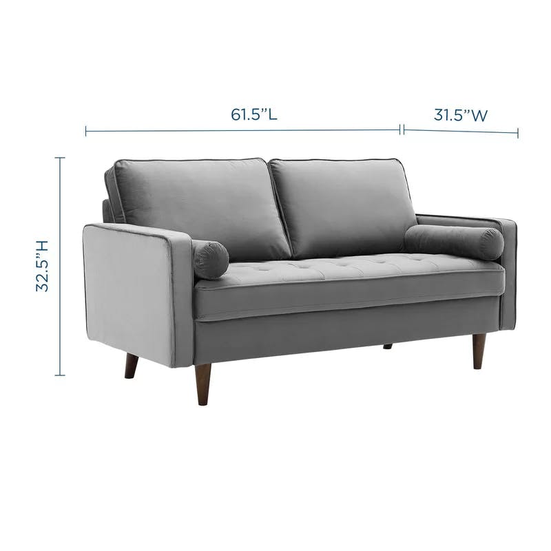 Mid-Century Gray Velvet Tufted Loveseat with Removable Cushions