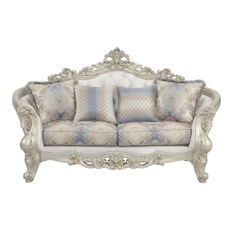 Elegant Floral Tufted Fabric Loveseat with Rolled Arms and Nailhead Accents