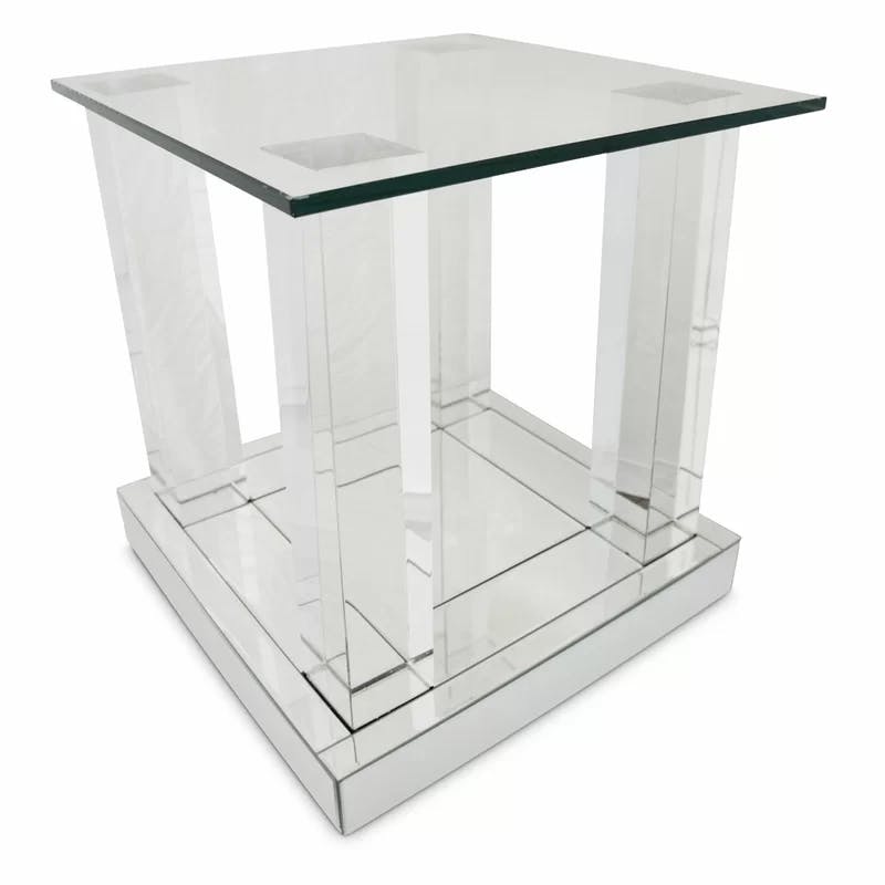 Montreal Silver Square Glass-Top End Table with Mirrored Shelf