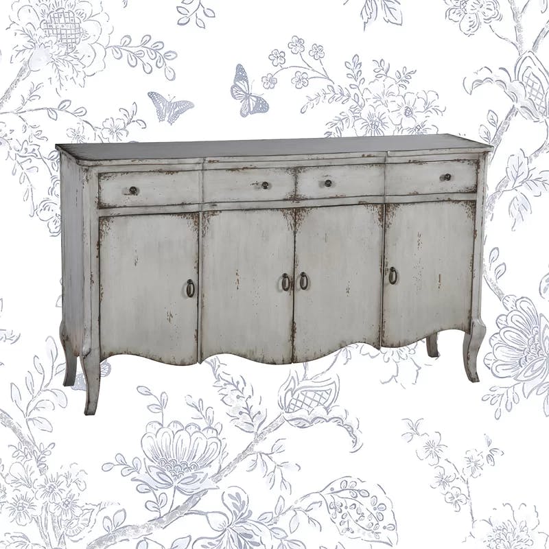 Transitional Gray Distressed 60'' Credenza with Cabriole Legs