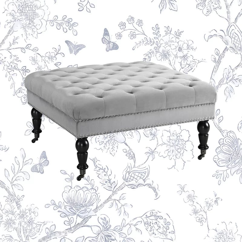 Isabelle 35" Gray Velvet Tufted Cocktail Ottoman with Nailhead Trim