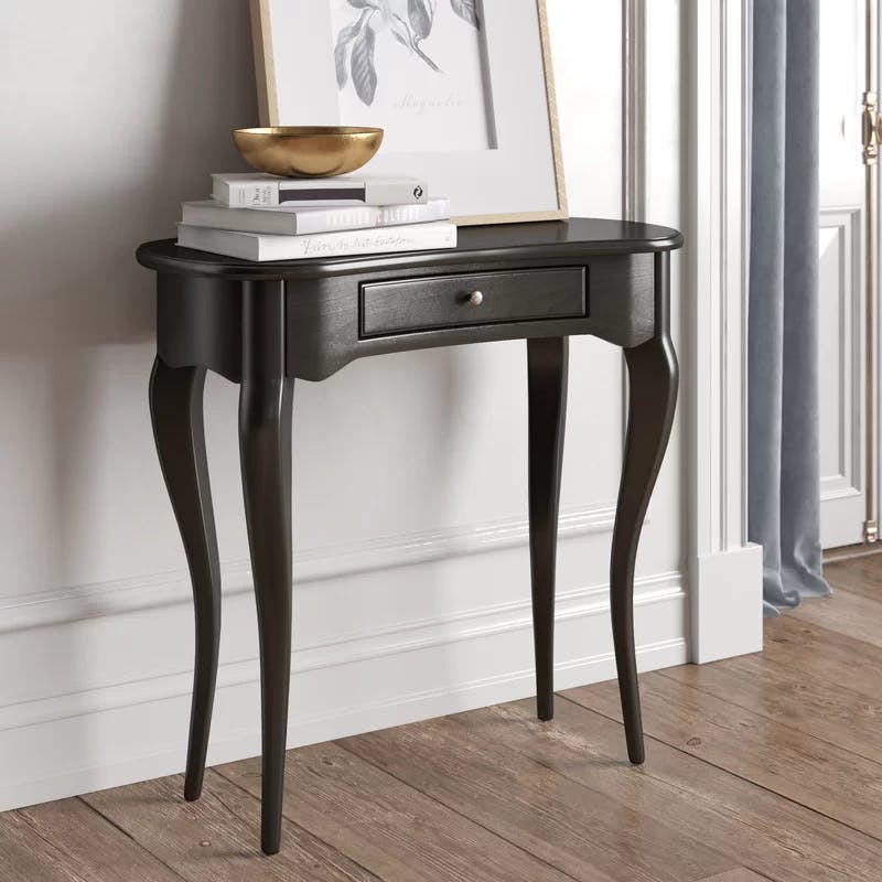 Elegant Crescent Black Licorice Writing Desk with Brass Accents