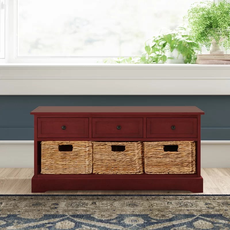 Transitional Red Pine Storage Bench with Wicker Baskets