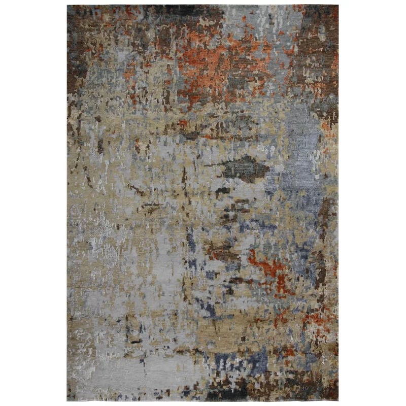 Elysian Gray Abstract Hand-Knotted Wool & Viscose 6' x 9' Rug