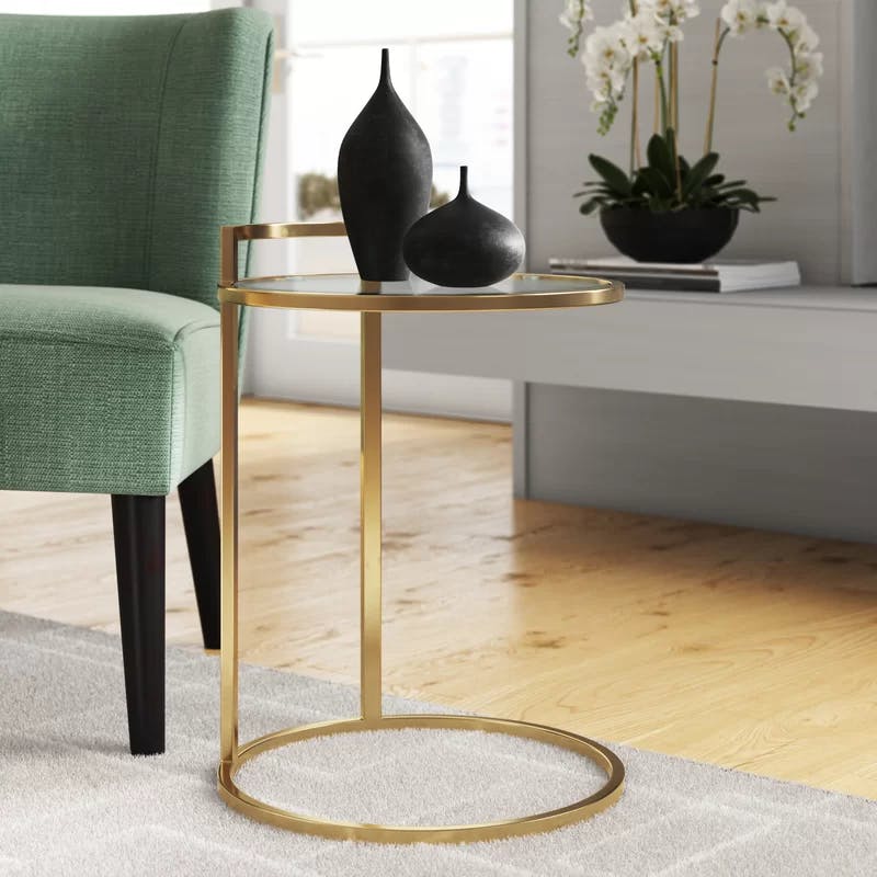 Elegant Brushed Gold Round Side Table with Tempered Glass Top