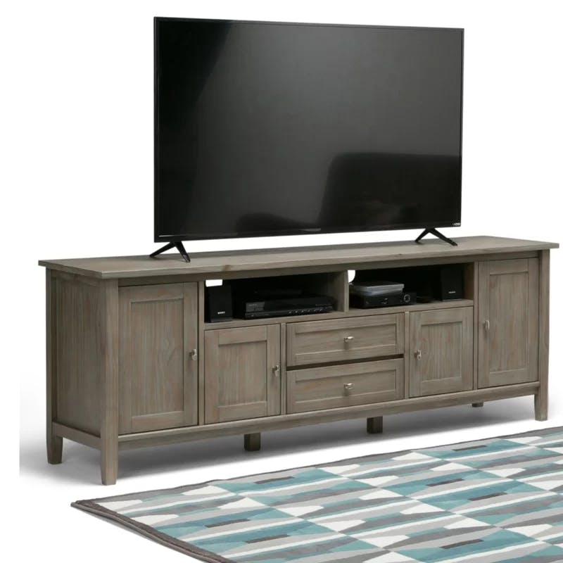 Distressed Grey 72'' Solid Pine Wood Media Console with Cabinet
