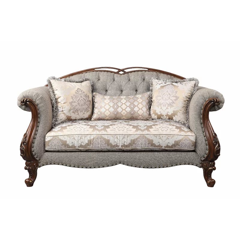 Elegant Gray Floral 73'' Tufted Fabric Loveseat with Nailhead Accents