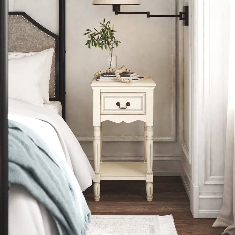 Antiqued White Solid Hardwood 29" French-Inspired Nightstand