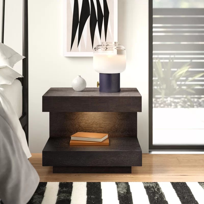 C-Shaped Brown Oak Veneer Nightstand with LED and Drawer