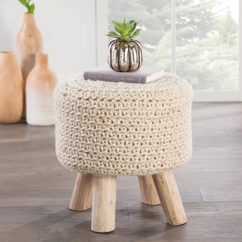 Scandinavian-Inspired Tufted Wool Pouf with Wooden Legs