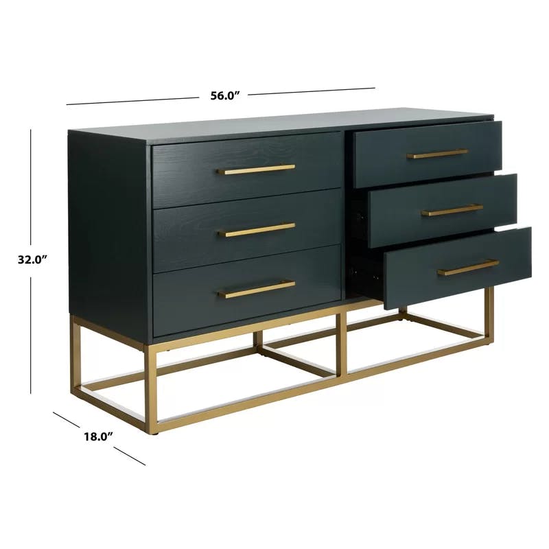 Estelle Transitional Teal 6-Drawer Dresser with Brass Accents