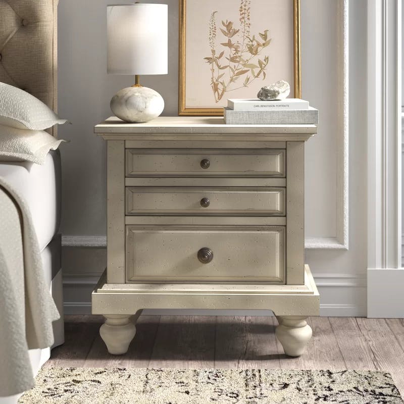 Transitional White Pine 3-Drawer Nightstand with Turned Bun Feet