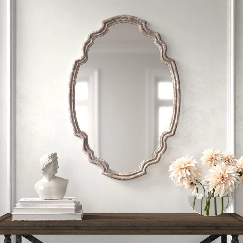Alix Transitional Beige Rectangular Wood Mirror with Silver Accents